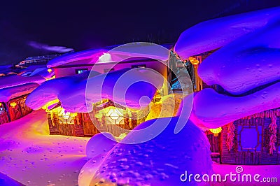 Snow village at night in Harbin, China Stock Photo