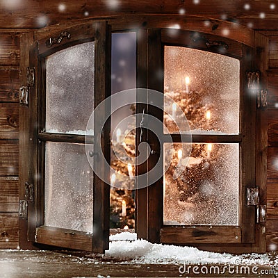 Snow on Vintage Wooden Christmas Window Pane Stock Photo