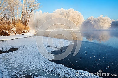 The snow what and rime and river Stock Photo