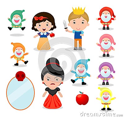 Snow white and the seven dwarfs, Snow White on white background, prince, Princess and Dwarfs and witch, Vector Illustration. Vector Illustration