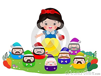 Snow white and the seven dwarfs, Snow White isolated on white background, Princess and Dwarfs and witch, Vector Illustration Vector Illustration