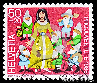 Snow White and the Seven Dwarfs, Pro Juventute: Fairy Tales serie, circa 1985 Editorial Stock Photo