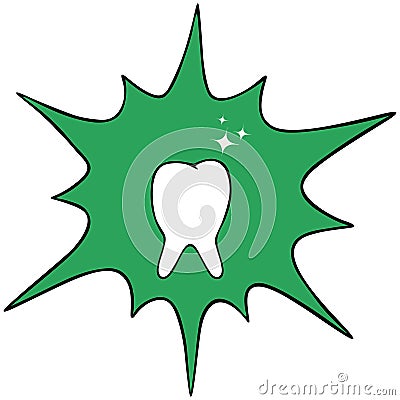 Snow-white tooth. Vector icon. Isolated white background. Radiates whiteness. Green background in the form of a blot. Medical. Vector Illustration