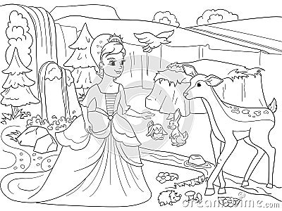 Snow White in the woods with animals. Tale, cartoon, coloring book black lines on a blank background Vector Illustration