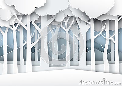 Snow and winter season forest silhouette background paper art st Vector Illustration