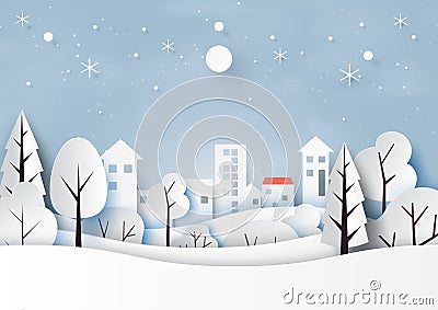 Snow and winter season with nature landscape and countryside for merry christmas and happy new year paper art style.Vector Vector Illustration