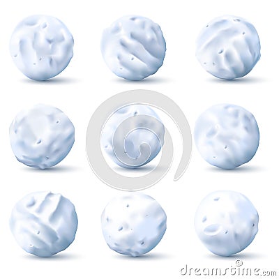 Snowballs. Round snow and ice pieces, realistic white snowball 3d vector isolated set for childrens winter leisure game Vector Illustration