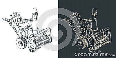 Snowblower isometric blueprints Vector Illustration