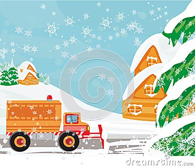 Snowblower on road card Vector Illustration