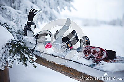 Snowboard with fastening covered with snow Stock Photo