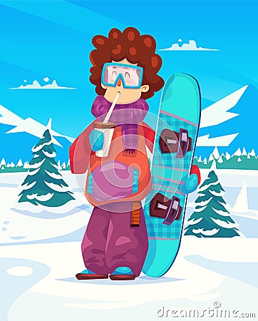 Snowboard resort holidays . Snow background. Flat Vector Illustration