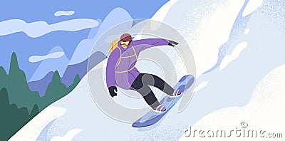 Snowboard rider sliding down slope at mountain resort. Person riding snow board in Alps on winter holidays. Snowboarder Vector Illustration