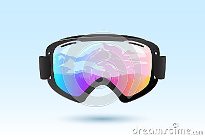 Ski or snowboard goggles with reflection of mountains. Vector Illustration. Vector Illustration