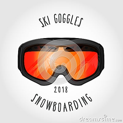 Snowboard or ski goggles with reflection of mountains Vector Illustration