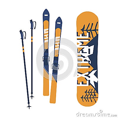 Snowboard, A Sleek, Elongated Board With Bindings For Gliding Down Snowy Slopes. Skis, Long, Narrow, And Curved Pieces Vector Illustration