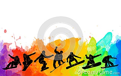 Snowboard, snowboarders, snowboarding extreme winter sport people silhouettes vector illustration, riding a board, tricks men Cartoon Illustration