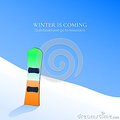 Snowboard stay in snow on mountain on blue sky background. Ski resort banner or poster. Vector illustration Vector Illustration