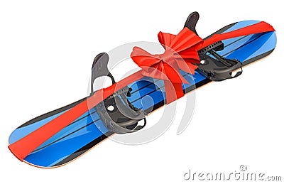 Snowboard with strap-in bindings wrapped ribbon and bow, gift concept. 3D rendering Stock Photo