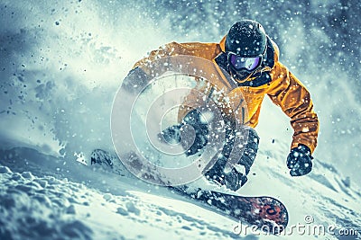 Snowboarder in action, man in yellow jacket slides at ski slope spraying snow powder. Concept of snowboard, winter, sport, splash Stock Photo