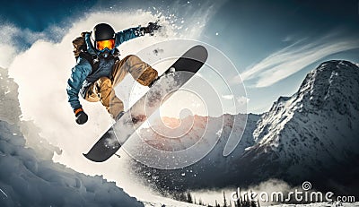 Snowboarder carving through fresh powder snow, mountain landscape, early morning, soft and warm natural lighting, dynamic action Stock Photo