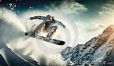 Snowboarder carving through fresh powder snow, mountain landscape, early morning, soft and warm natural lighting, dynamic action Stock Photo