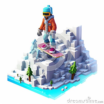 Voxel Art Snowboarding Game With Isometric View And High Detail Stock Photo