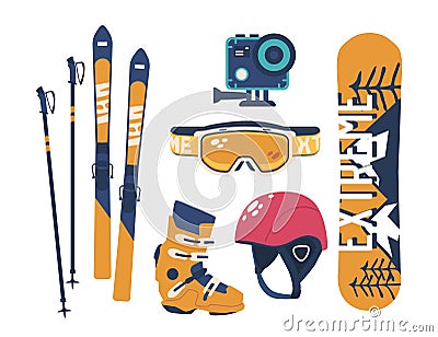 Snowboarder Essentials, Top-notch Gear Set. Sturdy Board, Sleek Bindings, Skis, Action Camera, Helmet and Goggles Vector Illustration