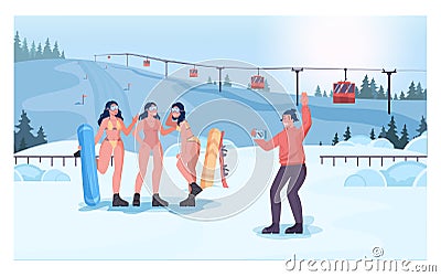 Snowboarder girls in bikini taking a picture in front of a cableway. Vector Illustration