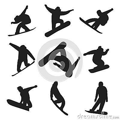 Snowboarder jump in different pose silhouette people vector. Vector Illustration