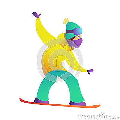 Snowboarder keeps his balance and rolls on snowboard in bright ski suit, goggles, hat and balaclava. Active sport. Vector Illustration