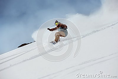 Snowboarder offpiste slope downhill fast Stock Photo