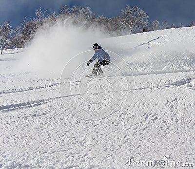 Snowboarder ripping into the fresh snow Stock Photo