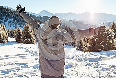 Snowboarder stands mountain top with his arms raised Stock Photo