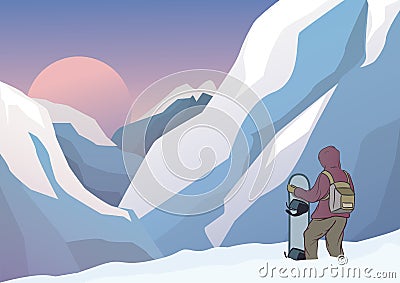 Snowboarder stands in the mountains with snowboard. Mountains on the background. illustration on the theme of extreme and winter Cartoon Illustration