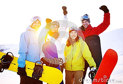 Snowboarders Extreme Skiing Friends Winter Concept Stock Photo