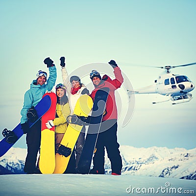 Snowboarders Mountain Ski Extreme Helicopter Concept Stock Photo