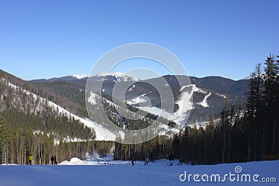 Snowboarders and skiers Stock Photo