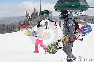 Snowboarders and Skiiers on Snowshoe Mountain, West Virginia Editorial Stock Photo