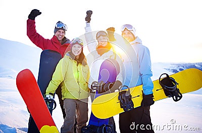 Snowboarders on Top of the Mountain Stock Photo