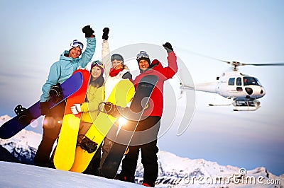 Snowboarders on Top of the Mountain with Ski Concept Stock Photo