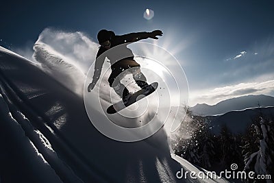 Snowboarding and extreme winter sports, recreation for a snowboarder, generative AI. Stock Photo