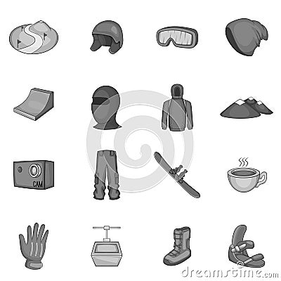 Snowboarding icons set, gray monochrome style Cartoon Illustration