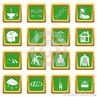 Snowboarding icons set green Vector Illustration