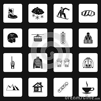 Snowboarding icons set, simple style Vector Illustration