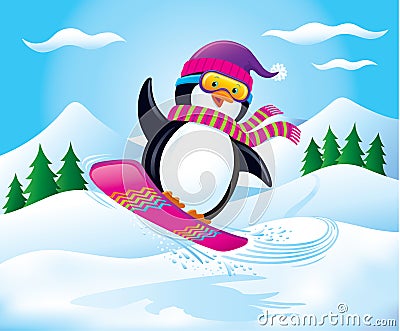 Snowboarding Penguin In The Air Cartoon Illustration
