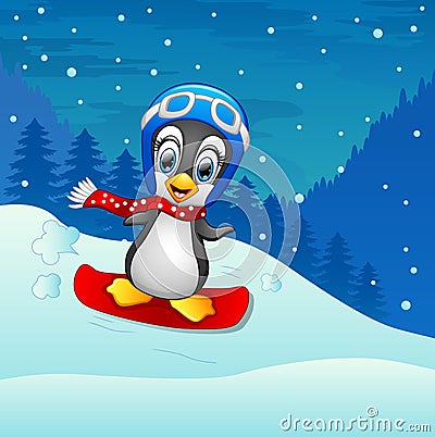 Snowboarding penguin cartoon Vector Illustration