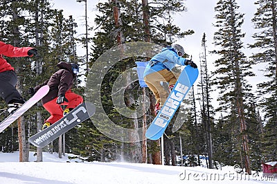 Snowboarding Trifecta: Sweet Session at the Snow Park, Vail Resorts, Beaver Creek, Colorado Editorial Stock Photo