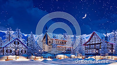 Snowbound alpine mountain town at winter night Cartoon Illustration