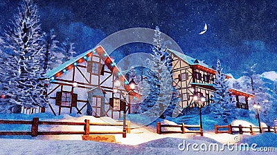 Snowbound alpine town at winter night watercolor Stock Photo