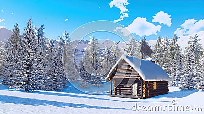 Snowbound log cabin in mountains at winter day 3D Cartoon Illustration